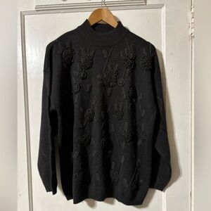 Rafaella Vintage Black Tridimensional Embroidered FlowerWomen’s Crewneck Sweater